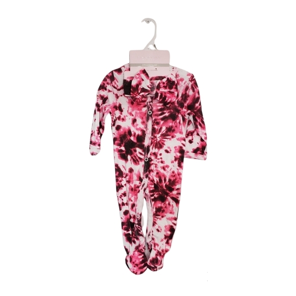 NWT Wee Play Pink & Black Tie-Dye‎ Footie & Bow-Accent Headband - 6-9 Months - Picture 2 of 7